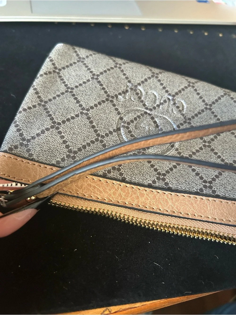 FASHION-Beige Monogram Wristlet Pouch